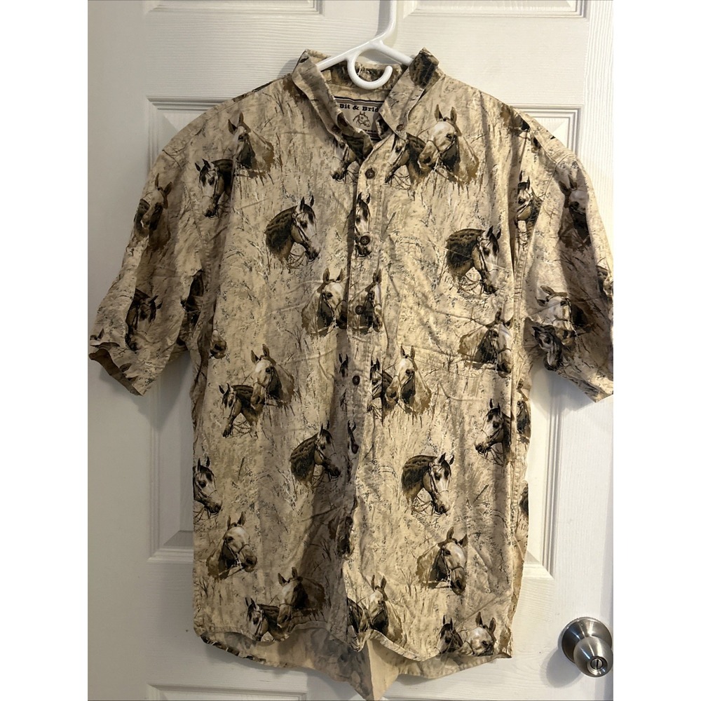 Bit & Bridle Men's Button-Down Shirt Medium‎ Short Sleeve Horse Print Brown